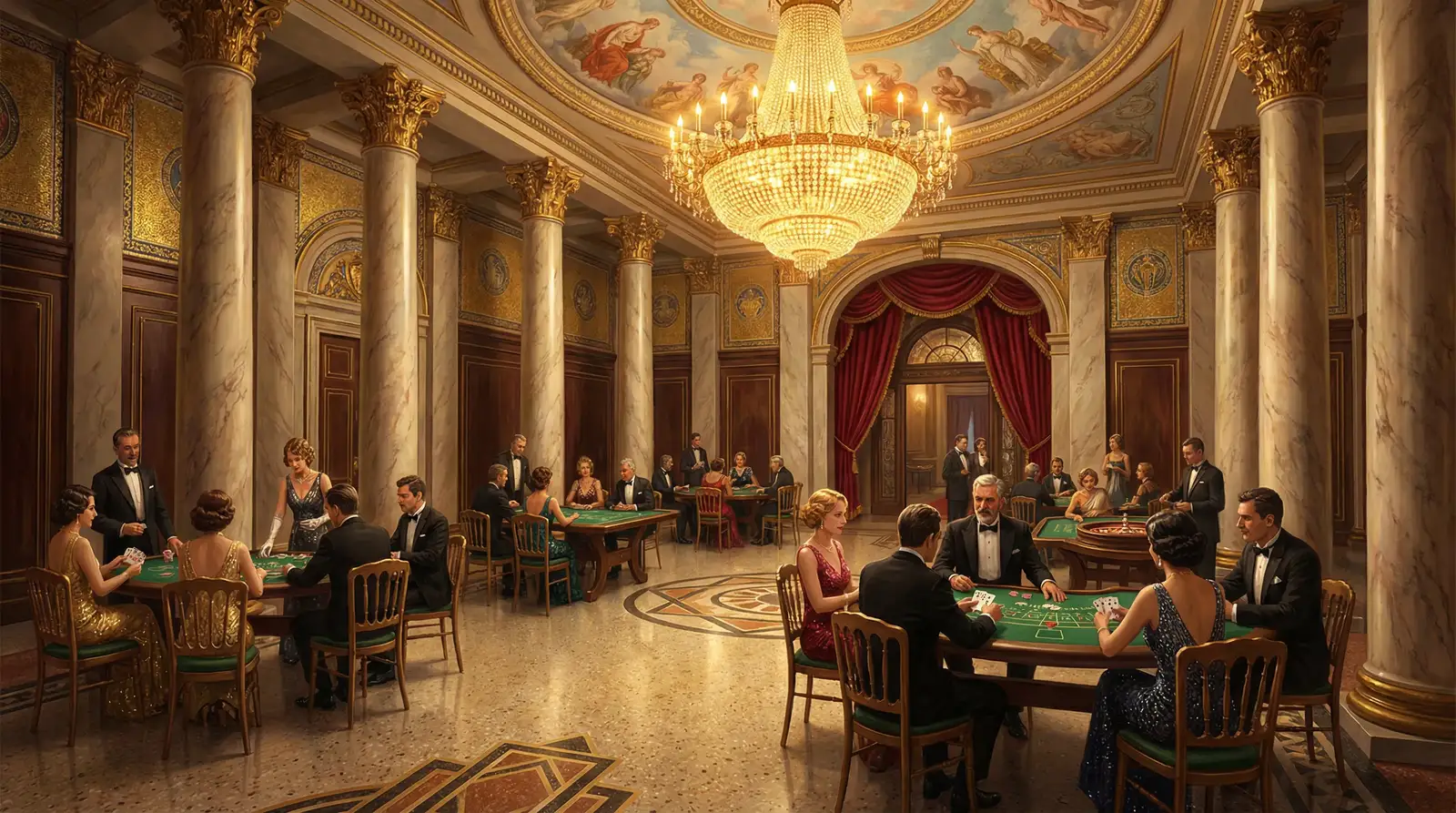 开元棋牌地中海百年赌场大厅全景，水晶吊灯下的绿绒牌桌与优雅对弈的绅士淑女